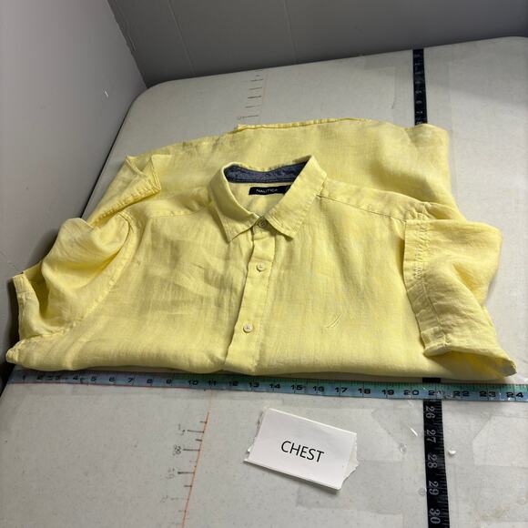 Nautica Linen Shirt Men Large Short Sleeve Button Down Yellow Minimalist Coastal - Picture 6 of 12
